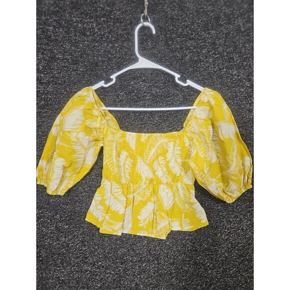 Sim & Sam Women's Top Blouse Puff Sleeve Yellow Floral Small S Crop Cotton NWT - Picture 8 of 8